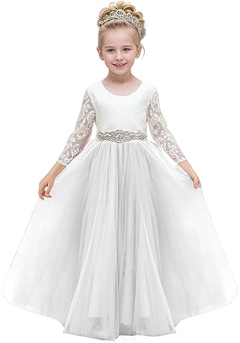 Aibaowedding Vestido de niña de flores con encaje de espalda en V, tutú de tul, vestido de princesa de fiesta con fajín, primera comunión elegante, vestido largo de graduación, blanco, 12-13 años