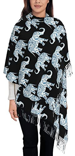 LAMAME Magic Blue Fox Schal mit Quasten, Fransenschal, Kaschmir, Schal, Azteken-Elefant, One size