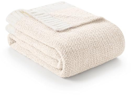 Snuggle Sac Feather Yarn Throw Blankets for Couch, Ultra Soft Warm Reversible Knitted Bedding Throw For Bed or Sofa, Lightweight, Travel, Throw/Single Size, 127x153cm, Cream Ivory