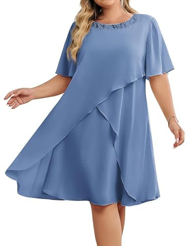 Hanna Nikole Hochzeitsgäste Kleider Damen GroßE GrößE Chiffon Abendkleider Mit Pailletten Rundhalsausschnitt Elegant Cocktailkleid Festlich Midikleid FüR Die Brautmutter