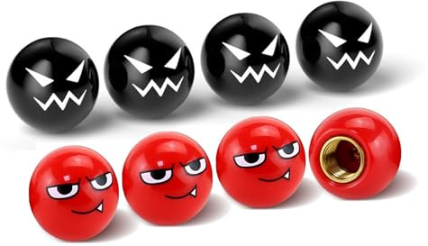 8 tappi per valvole Smiley Design – Materiale ibrido in rame Schrader 8 mm valvole – Resistente all'inverno & impermeabile per autovetture/moto/e-bike (rosso e nero)