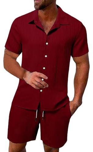 Herren-Sommer-Shorts und T-Shirts-Set, Knopfleiste, Hemd und Kordelzug-Shorts, Venenlinien, leicht, 2-teilig, Nachtwäsche, T-Shirt und Hose, kurz mit Taschen, wein, XL