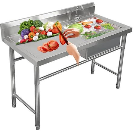 Fregadero Exterior Jardin Fregadero de servicio independiente de acero inoxidable de 39 pulgadas, fregadero de acero inoxidable para exteriores, fregadero de servicio con grifo, con banco de