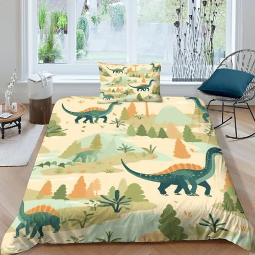 WXLWHR Set Copripiumino Dinosaur Microfibra Set Letto 3 Pezzi Green Cartoon Dinosaur Con Cerniera E Federa Per Ragazze, Ragazzi, Single（135x200cm）