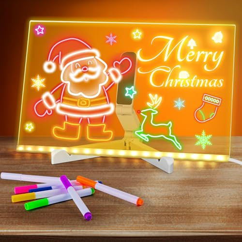 LED Note Board with Colours Pen, 30×20cm Acrylic Light Up Message Board with Warm Yellow Glow, USB Powered Drawing & Writing Board with 7 Coloured Pens for Kids, Office, Home, Office, Gift