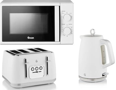 Swan Serenity White 1.7L 3KW Kettle, 4 Slice Toaster and 20L 700W Manual Microwave SM4420WHT. Contemporary Design Matching Kitchen Set in Matt White Finish