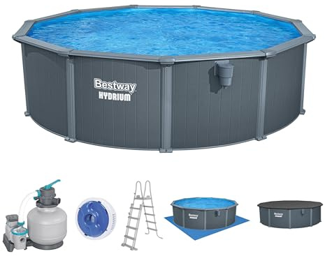 Bestway Hydrium Stahlwandpool Komplett-Set rund 488 x 132 cm Holz-Optik Grau Gartenpool Aufstellpool Sandfilter