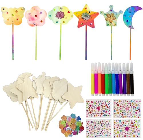 TanyoKing DIY Zauberstab Set, 18 Stück Hölzerne Zauberstab mit 4 Aufkleber, 12 Farben Aquarellstifte, Zauberstab Glitzer für DIY Basteln, Kindergeburtstag Geschenke