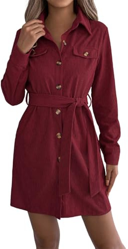 Generisch Robe chemise en velours côtelé pour femme avec boutonnière, manches longues pour une élégance cintrée, rouge, L
