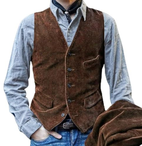 Gilet da uomo in velluto a coste senza maniche in stile britannico vintage con chiusura a bottoni, giacca slim fit per uso quotidiano e stagionale (L marrone)
