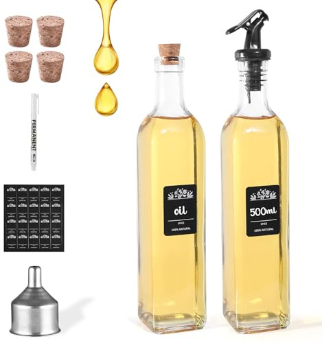 Oil Dispenser Glass - Olive Oil Dispenser Bottle 500ml - Oil Bottles for Kitchen（ 2PCS） - Vinegar Dispenser - Cooking Oil Dispenser - Oil and Vinegar Dispenser Set - Reusable Kitchen Storage