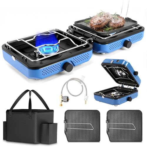 Hisencn Camping Stove,2 Burner Propane Camping Stove,Dual Griddles,30,000 BTU Portable Propane Stove with Carry Bag,Outdoor Cooking Stove set for Camping Gear,RV Essentials,Camp Gifts for Man,Blue