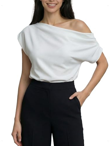 EMOTTOS Sexy Top Donna Asimmetrico con Spalla Scoperta e Increspata, Maglietta Maniche Corte Slim Fit, T-Shirt Top Elegante Fuori Spalla Manica Corta per Casual Feste Estivo, Bianco, Taglia Unica