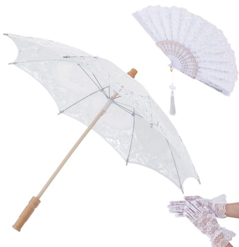 AHANDMAKER 1 Set White Lace Parasol Vintage Wedding Bridal Umbrella Intricate Embroideries Lace Gloves for Wedding Tea Party Valentine's Day Photography Props Decoration