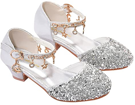 Prinsesskor, flickor, glitter, klackskor, högklackade skor, eleganta kristallskor med rosett, bröllopsskor med ankelrem, bröllopsskor, glitter, pumps för klänning fest