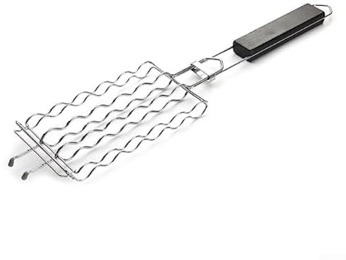 Spelonify Cesta de acero inoxidable para barbacoa al aire libre, jaula de parrilla para mocosos y perritos calientes con 6 ranuras, para fácil manejo, color plateado, 55 x 12 cm