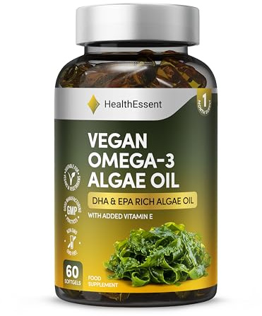 HealthEssent Vegan Omega-3 Algae Oil 300mg DHA 200mg EPA Heart Brain Eye | 60 Vegan Softgels, 1 Month Supply | Schizochytrium Algae Oil + 15mg Vitamin E | Halal, Fish-Oil Free, Non-GMO