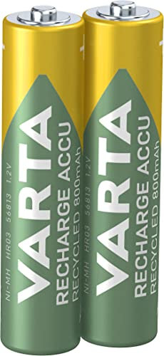 VARTA Batterien AAA, wiederaufladbar, 2 Stück, Recharge Accu Recycled, Akku, 800 mAh Ni-MH, aus 21% recyceltem Material, vorgeladen, sofort einsatzbereit