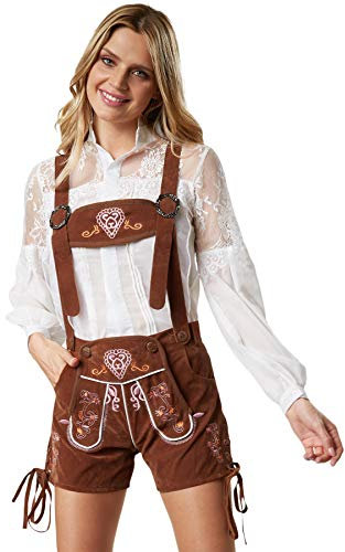 dressforfun 900802 Damen Lederhose mit Träger in klassischer Trachtenform, farbenprächtige, feine Stickereien, braun - Diverse Größen - (XXL| Nr. 302814)