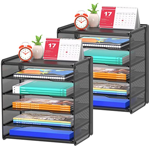 Samstar 2 Pack Paper Letter Tray, Mesh Desk File Organizer with 5 Tier Shelf and Sorter, Black