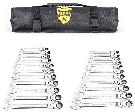 FLZOSPER 22-Piece Flex-Head Ratcheting Wrench Set，Metric & SAE Chrome Vanadium Steel Hand Combination Wrench Spanner with Portable Carrying Bag