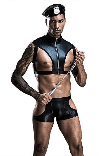 QIROG Conjunto de lencería Sexy para Hombre Juego de Roles Disfraz de policía Masculino Night Club Cosplay Uniforme Outfit-01_One Size