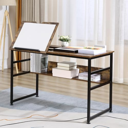 HOMCOM Adjustable Drafting Table 15-Level Tiltable Tabletop Rustic Brown | Drawing Desk, Craft Workstation for Painting, Multifunctional Writing Desk, Storage Shelf, Home Office