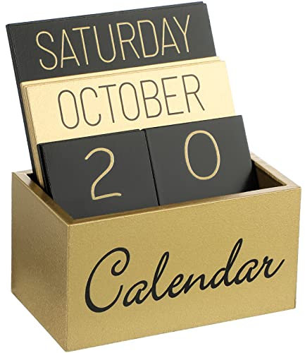 Vintage ewiger Kalender Holz Kalender Blöcke Block Holz Kalender für Schreibtisch Schwarz Gold Niedlich Schreibtisch Kalender Solider Tischkalender Datum Woche Monat Anzeige Zubehör für Schreibtisch