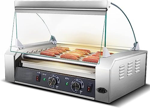 machine à hot dog Hot Dog Électrique En Acier Inoxydable 1400 W 7 Rouleaux Capacité 18 Hot Dogs Grill Cooker Machine Avec Couvercle En Verre À Double Contrôle De Température, Lumières LED, For Le Peti