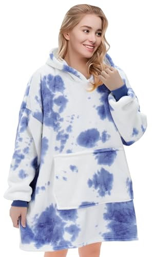 BTGGG Oversized Hoodie Blanket Tie-dyed Wearable Blanket Cozy Soft Comfy Sherpa Fleece Giant Wearable Hooded Blanket Sweatshirt with Sleeves and Pocket for Women Men Adult, Sky Blue
