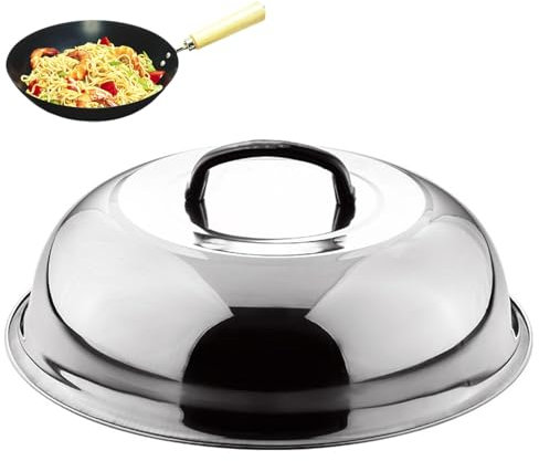 Teppanyaki-Deckel zum Braten, Pfannendeckel mit Griff aus Kunststoff, Multifunktionaler runder Wok-Deckel aus Edelstahl mit Griff Dämpfen Grillen im Freien 38cm