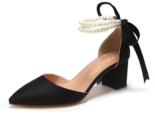 Elivandon J1585 Women's Satin Pointed Toe Mid-Heel Evening Sandals 2.36 inches Block Heel Bridal Party Wedding Pumps with Double Pearl Strap Colour Black,Size 5.5 UK/39 EU