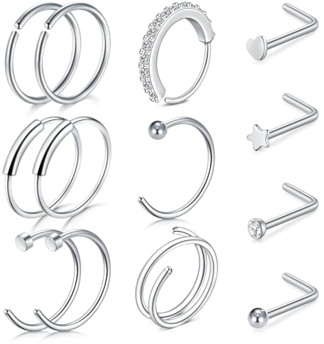 LAURITAMI Nose Ring Nose Stud Set, Stainless Steel L-Shaped Nose Stud Double Nose Hoop 20G Gold Silver Nose Piercing Jewelry for Women Men, Pack of 10 Pieces