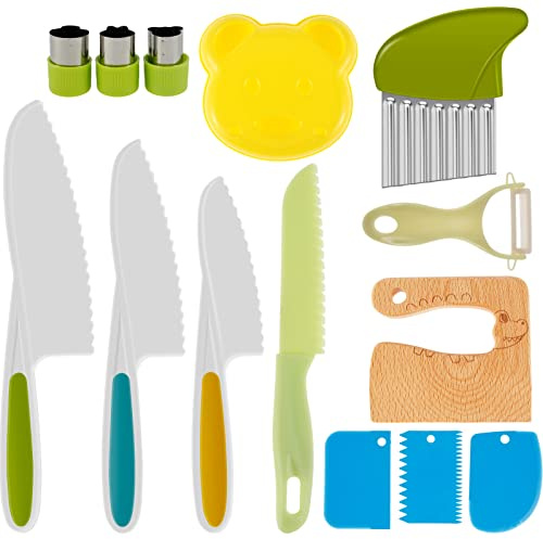 14PCS Kids Knife Set,Toddler Knife for Chopping,Plastic Kids Cutting Knife Set,Cooking Knives with Potato Slicer,Serrated Edges Cutters,Cutting Board