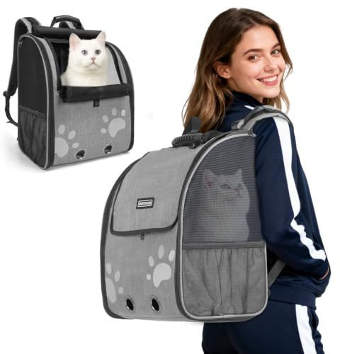 Foldable Cat Backpack Carrier with Comfort Handle, Ventilated Cat Backpack with Reflective Strips, with Chest and Shoulder Buckles, up to 15lbs(Grey)