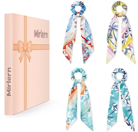Mirlern 4-Piece Silk Satin Hair Scarf Scrunchies for Women Girls, No Damage Cute Hair Ties with Bow Ribbons Ponytail Holders Elastic Rubber Bands (Palm Tree Pattern)