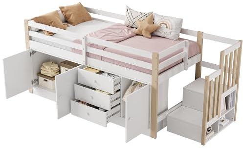 KecDuey 90 x 200 cm cama alta para niños, cama individual, multifunción, con escalera, cajones, somier con 2 armarios de almacenamiento y barra de lavandería, sin colchón