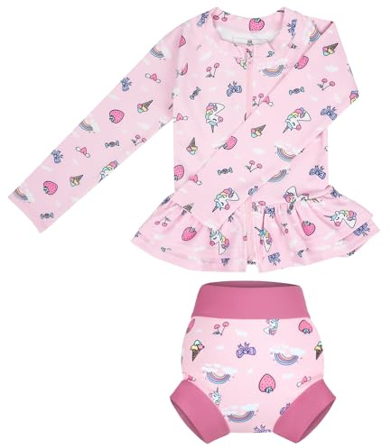 FLYISH DIRECT Baby Girls Swimming Costume, Girls Long Sleeve Swimming Set, Zip Up Swimsuits for Toddler Girls, UPF 50+ Protection Infant Swimwear Rash Guard, Unicorn, XL