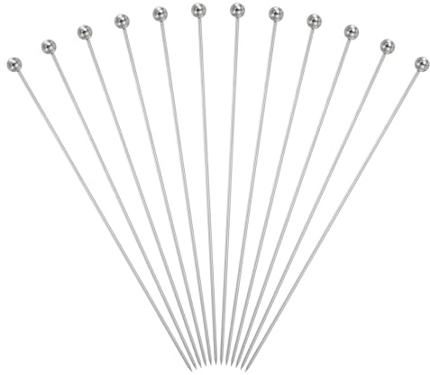sourcing map 12 Stück Edelstahl-Cocktailspieße, 20 cm, Martini-Picker, Obststäbchen, Metallspieße, wiederverwendbar, für Getränke, Oliven, Vorspeisen, Obst, dekorativ, Silber (Perle)