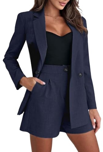 Traje de pantalón para mujer elegante de 2 piezas con pantalones cortos, traje de negocios para mujer, conjunto de manga larga y pantalones cortos de traje con bolsillo, color sólido, traje de