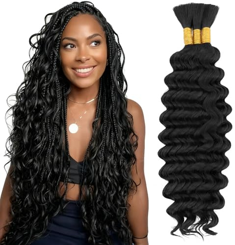 Silk-co Extension Äkta Hår för Boho Braids Ingen Väv Bulk Vävning Matsa Lockigt Vattenvåg 60cm 110g Set med 3 packningar #1B Svart Naturligt