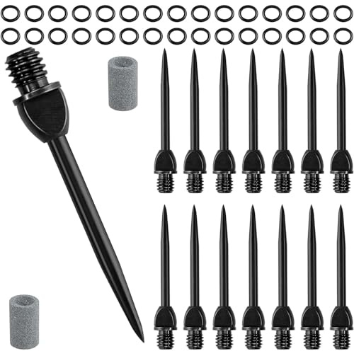 Ousuwo 15 puntas de dardos de acero, puntas de dardos de metal negro de repuesto con 30 juntas tóricas de goma y 2 sacapuntas para conversión profesional de dardos de punta suave, accesorios duraderos