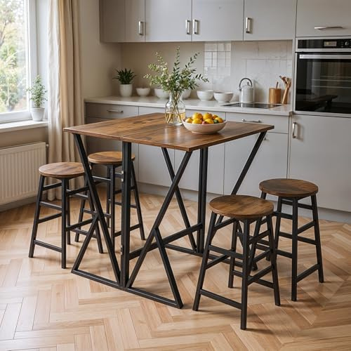 Warmiehomy Folding Table and Chairs Set 4, Industrial Kitchen Breakfast Bar Table and Stools Set, Space Saving Foldable Table and 4 Chairs for Dining Room, Living Room, Brown
