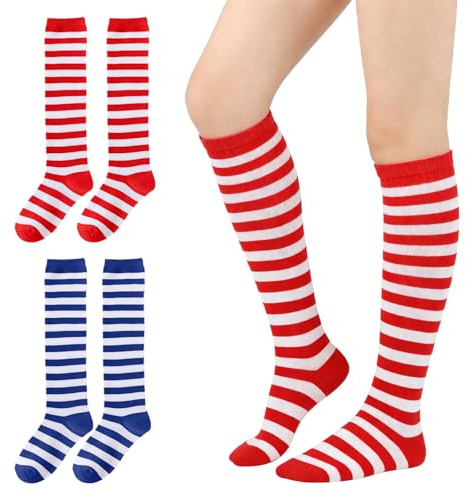 GYIOFAI 2 Paires Chaussettes Hautes femme Montantes Chaussettes de Genoux, Chaussettes Hautes Rayées Rouge Bleu et Blanc, Chaussettes longues rayées de Noël pour Halloween Cosplay Fête