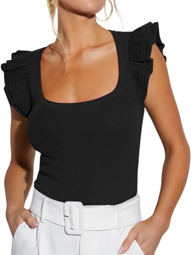INFITTY T Shirts for Women UK Trendy Ruffle Short Sleeve Shirt Square Neck Tops Basic Tees Going Out Crop Tops Y2k T-Shirts