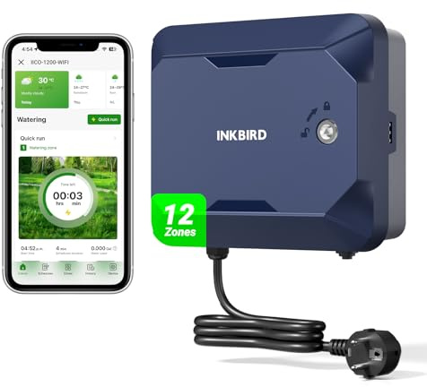 INKBIRD 12 Zoner WIFI Bevattningsdator med TFT-pekskärm och skyddande sköld | IICO-1200-WIFI bevattningssystem, 16 scheman med väderhopp och säsongsjustering, robust väderbeständigt utomhusskydd
