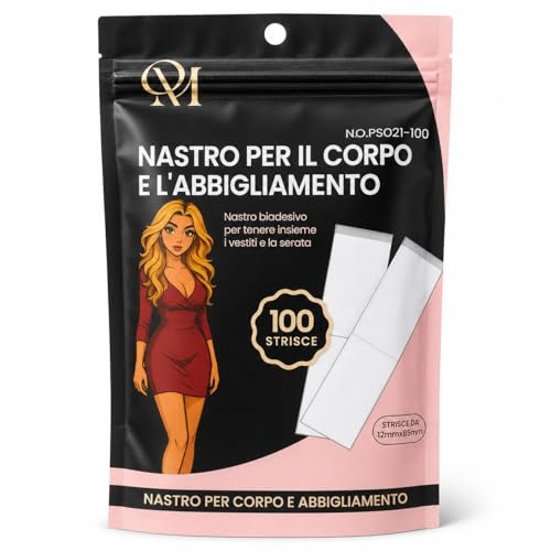 QM Nastro Biadesivo per Abbigliamento Donna, 100 Pezzi 12 mm x 85 mm, Fashion Tape Trasparente per Vestiti, Pelle e Tessuti, Nastro Adesivo per Scollature, Spalline, Orli, Abiti e Top