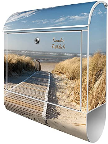 banjado® Design Briefkasten personalisiert mit Dünen 38,5x46,5x13cm & 2 Schlüssel - Briefkasten Stahl weiß mit Zeitungsfach pulverbeschichtet - Postkasten A4 Einwurf inkl. Montagematerial
