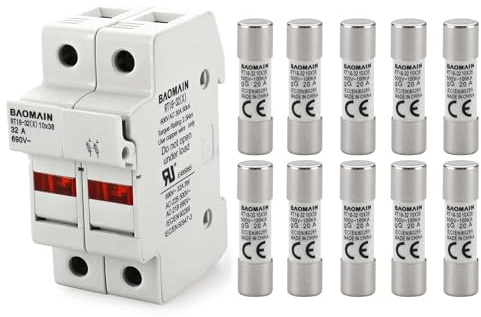 Baomain RT18-32 Fuse Holder Base with 10x20A Ceramic Fuses (10x38mm) – 2 Pole DIN Rail Mount, LED Indicator, CE Certified (20 Amp)