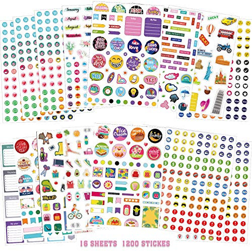 16 Sheets Planner Stickers Set, Over 1200 Assorted Mini Icons Daily Stickers Variety Monthly Tabs for Adults DIY Calendar Work Planning Budget Family Holidays Journaling Week Daily Planner Sticker